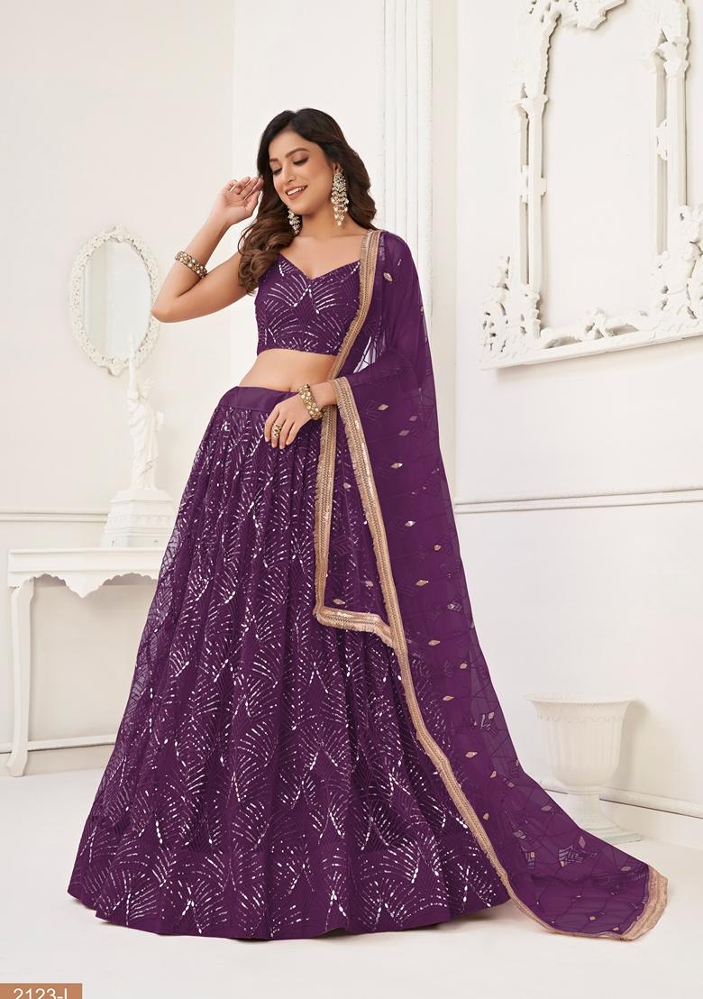 Wine Thread Embroidered Butterfly Net Lehenga Set