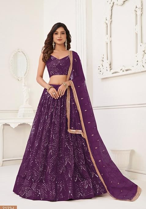 Wine Thread Embroidered Butterfly Net Lehenga Set