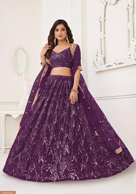 Wine Thread Embroidered Butterfly Net Lehenga Set