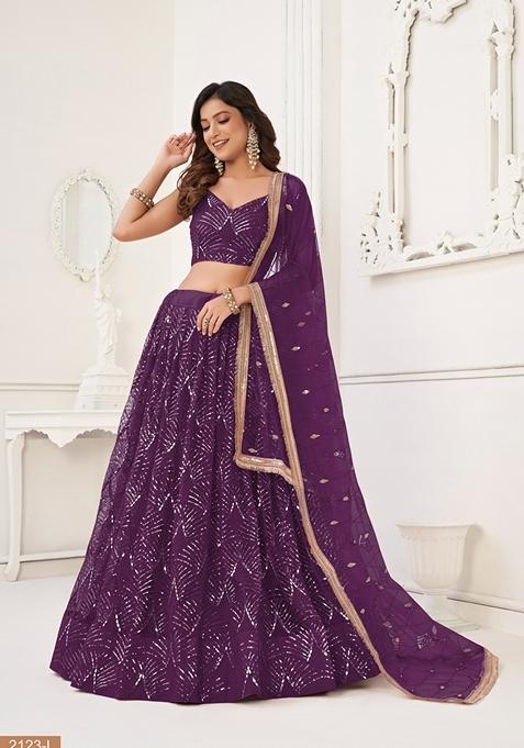 Wine Thread Embroidered Butterfly Net Lehenga Set