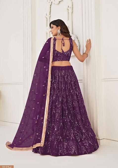 Wine Thread Embroidered Butterfly Net Lehenga Set
