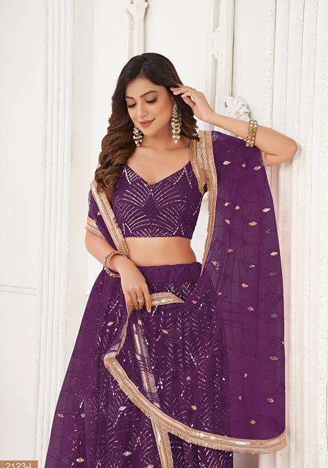 Wine Thread Embroidered Butterfly Net Lehenga Set