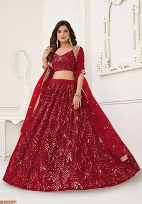 Maroon Thread Embroidered Butterfly Net Lehenga Set