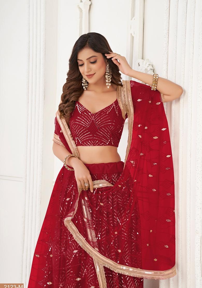 Maroon Thread Embroidered Butterfly Net Lehenga Set - Indya