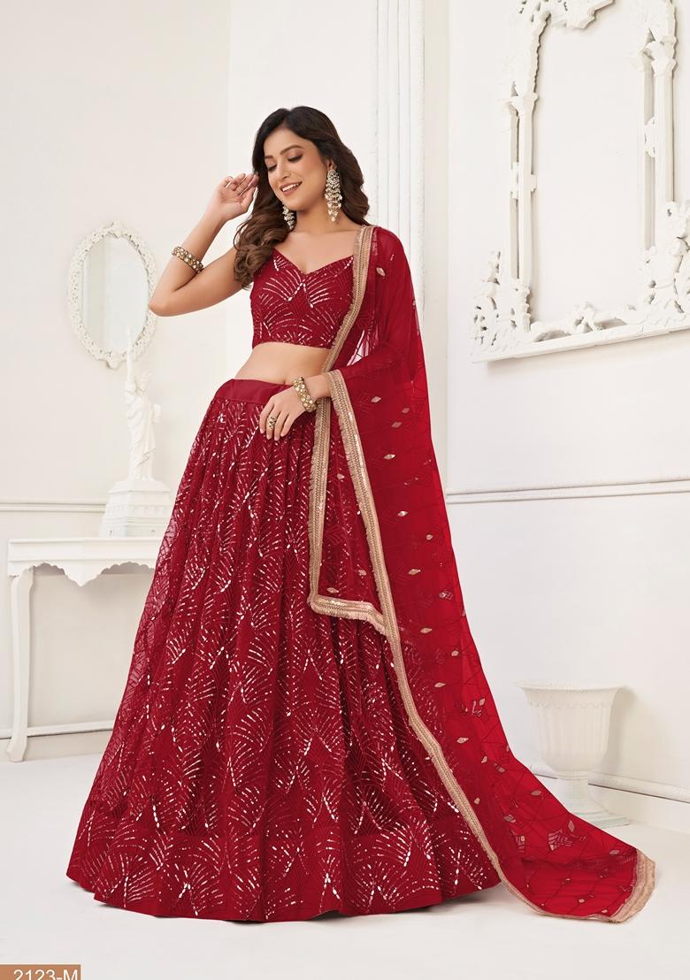 Maroon Thread Embroidered Butterfly Net Lehenga Set