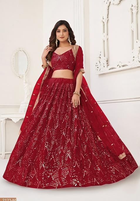 Maroon Thread Embroidered Butterfly Net Lehenga Set