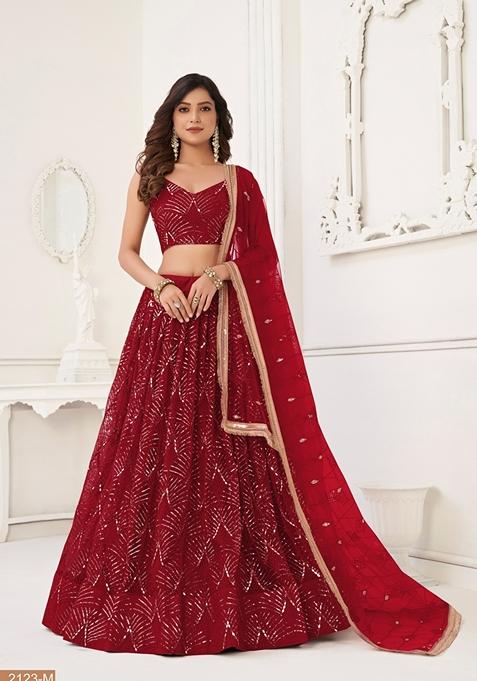 Maroon Thread Embroidered Butterfly Net Lehenga Set