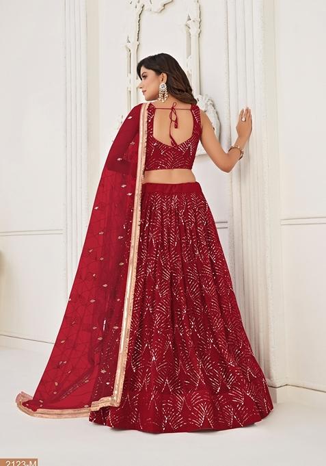 Maroon Thread Embroidered Butterfly Net Lehenga Set