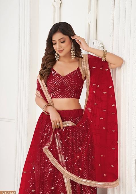 Maroon Thread Embroidered Butterfly Net Lehenga Set