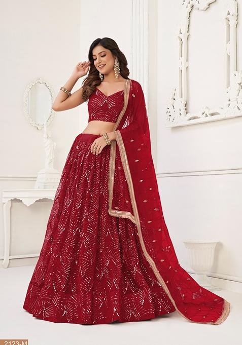 Maroon Thread Embroidered Butterfly Net Lehenga Set