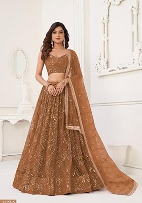 Brown Thread Embroidered Butterfly Net Lehenga Set