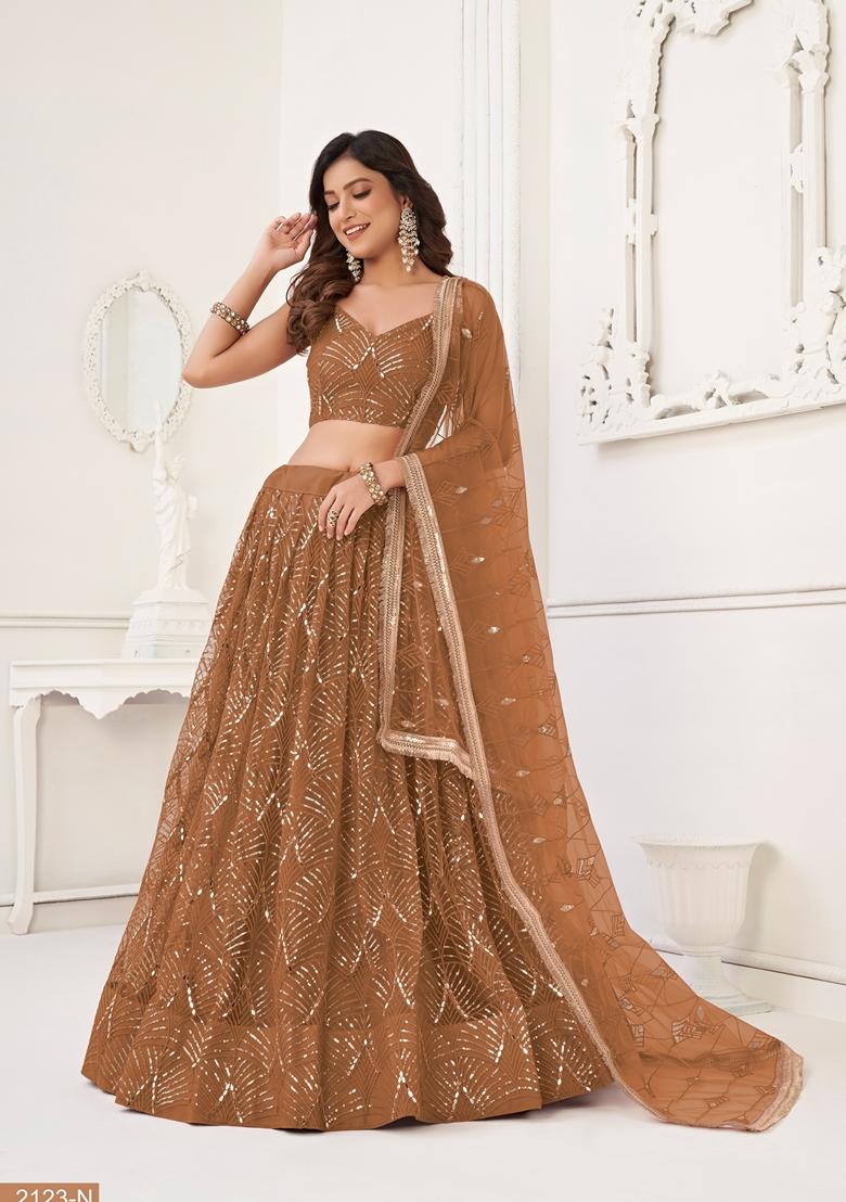 Brown Thread Embroidered Butterfly Net Lehenga Set - Indya