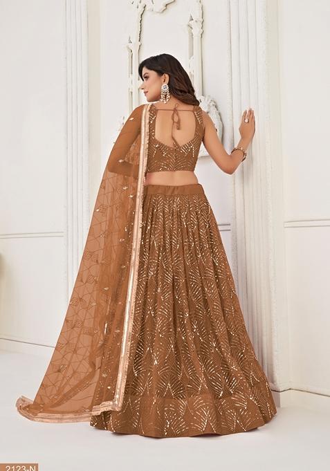 Brown Thread Embroidered Butterfly Net Lehenga Set