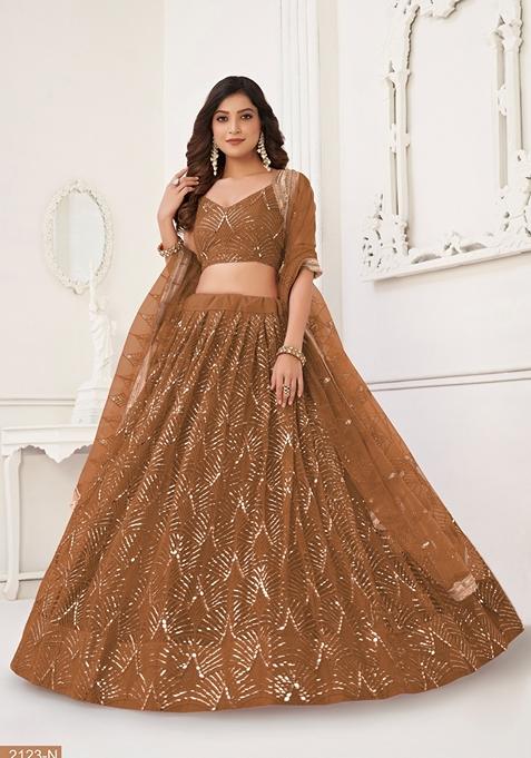 Brown Thread Embroidered Butterfly Net Lehenga Set
