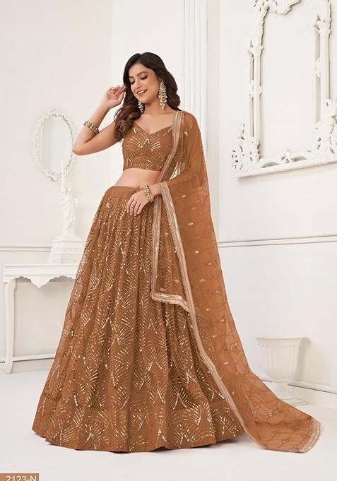 Brown Thread Embroidered Butterfly Net Lehenga Set