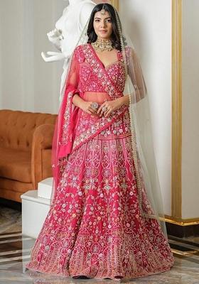 Pink Thread Embroidered Malai Satin Silk Lehenga Set