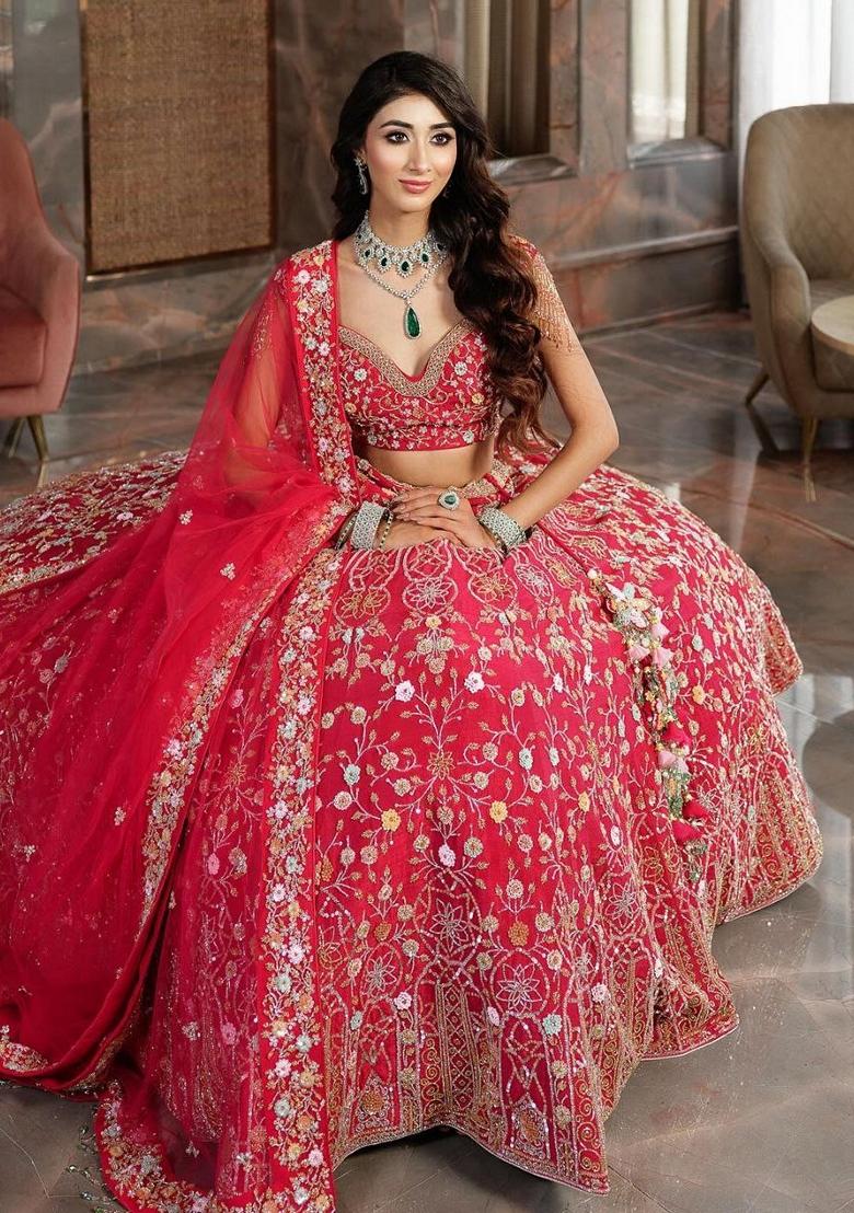 Pink Thread Embroidered Malai Satin Silk Lehenga Set