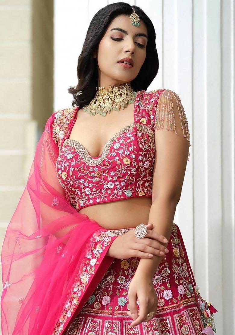 Pink Thread Embroidered Malai Satin Silk Lehenga Set
