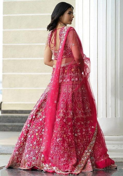 Pink Thread Embroidered Malai Satin Silk Lehenga Set
