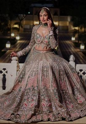 Sea Green Sequin Pearl Embroidered Kasturi Silk Lehenga Set