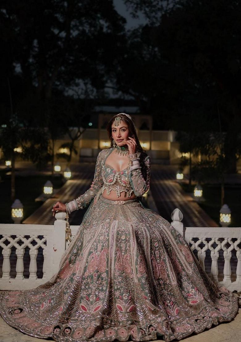 Sea Green Sequin Pearl Embroidered Kasturi Silk Lehenga Set