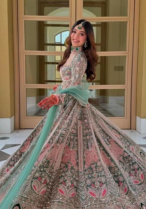 Sea Green Sequin Pearl Embroidered Kasturi Silk Lehenga Set