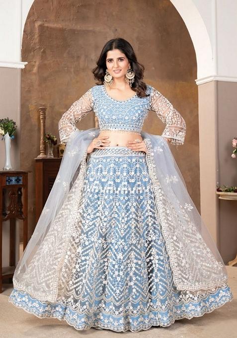 Light Blue Sequin Embroidered Net Lehenga Set