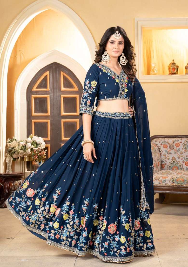 Teal Blue Thread Embroidered Faux Georgette Lehenga Set for Diwali and Festive Wear - Indya