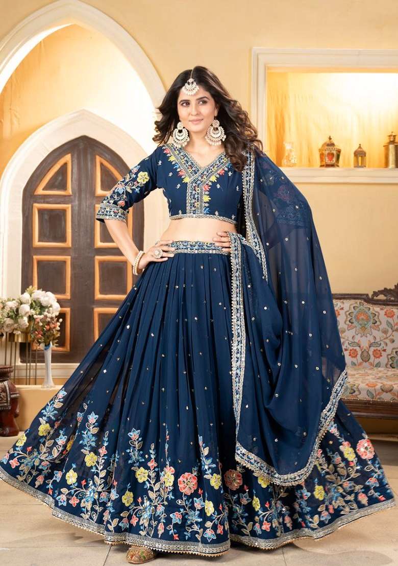 Teal Blue Thread Embroidered Faux Georgette Lehenga Set for Diwali and Festive Wear - Indya