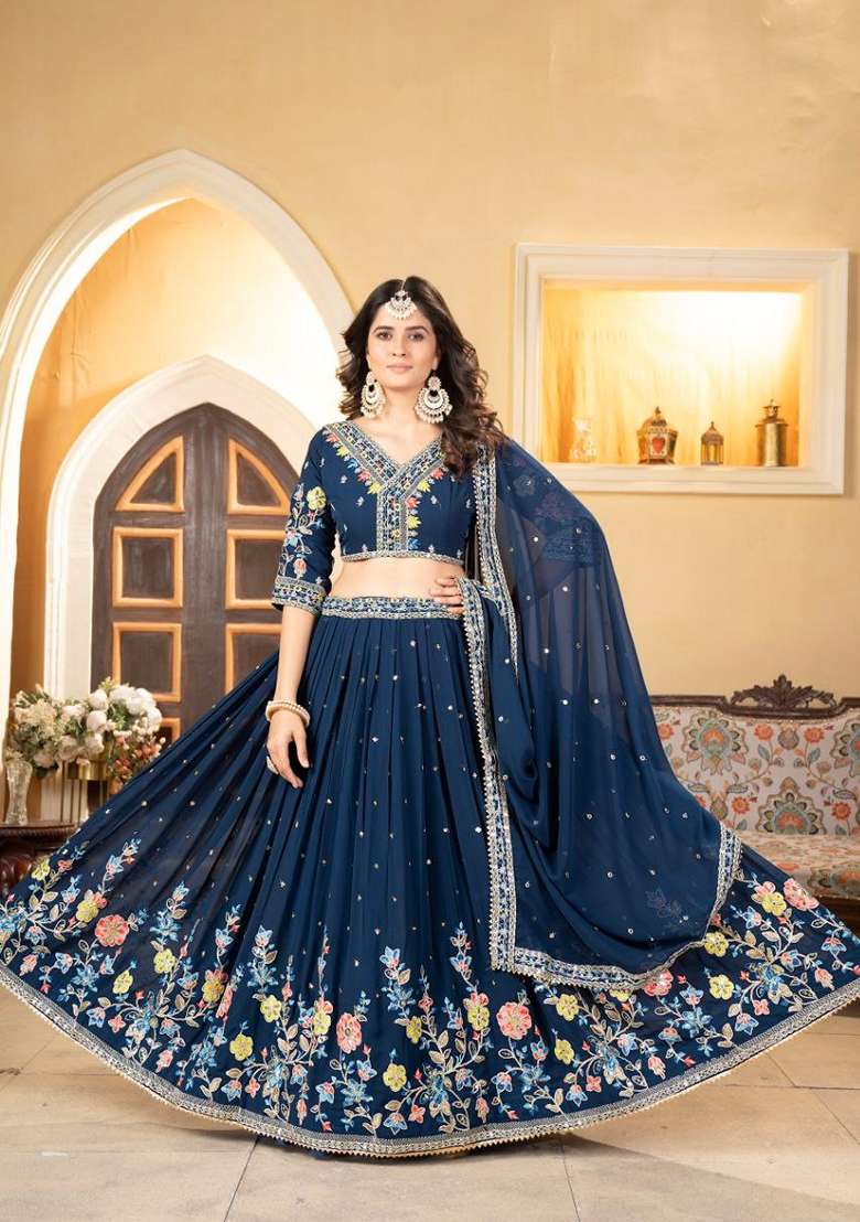Teal Blue Thread Embroidered Faux Georgette Lehenga Set for Diwali and Festive Wear - Indya