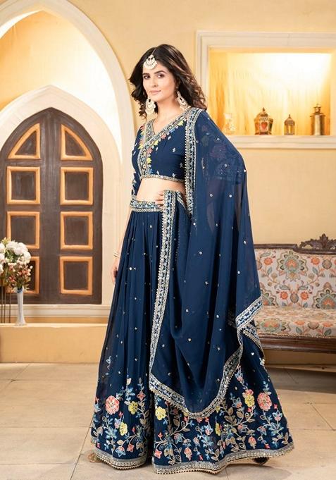 Teal Blue Thread Embroidered Faux Georgette Lehenga Set