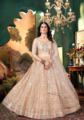 Peach Sequin Embroidered Malai Satin Lehenga Set
