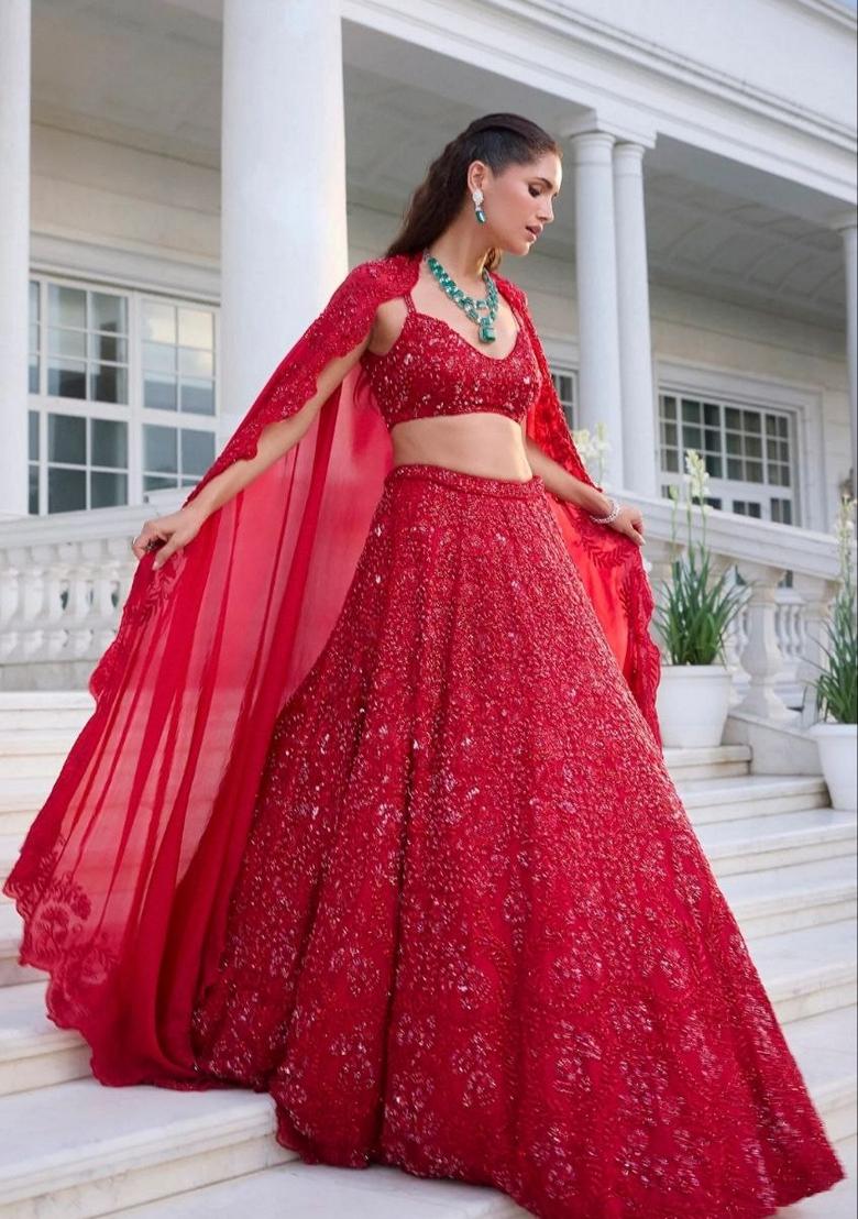 Red Sequin Embroidered Vichitra Silk Lehenga Set