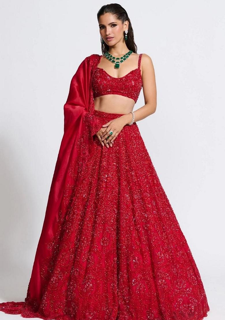 Red Sequin Embroidered Vichitra Silk Lehenga Set