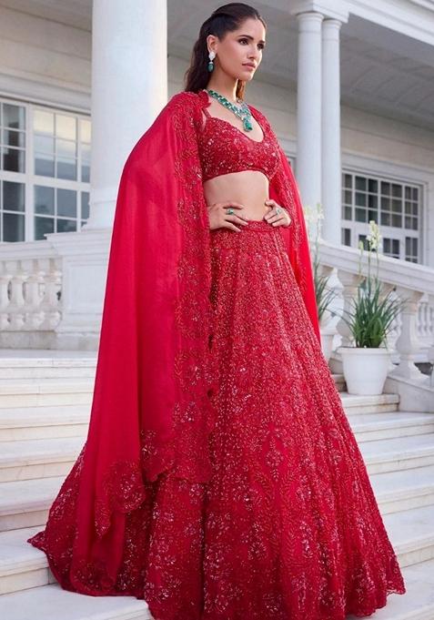 Red Sequin Embroidered Vichitra Silk Lehenga Set