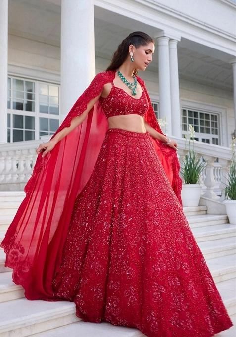 Red Sequin Embroidered Vichitra Silk Lehenga Set