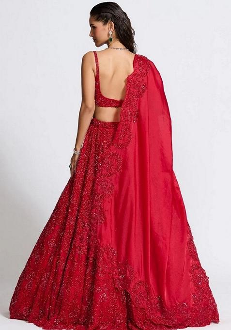 Red Sequin Embroidered Vichitra Silk Lehenga Set