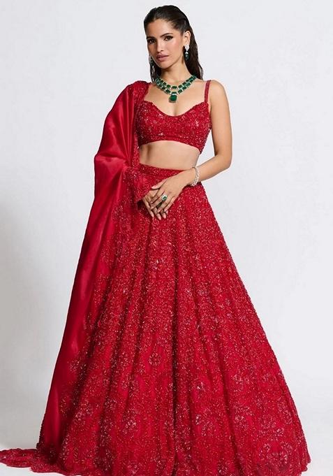 Red Sequin Embroidered Vichitra Silk Lehenga Set