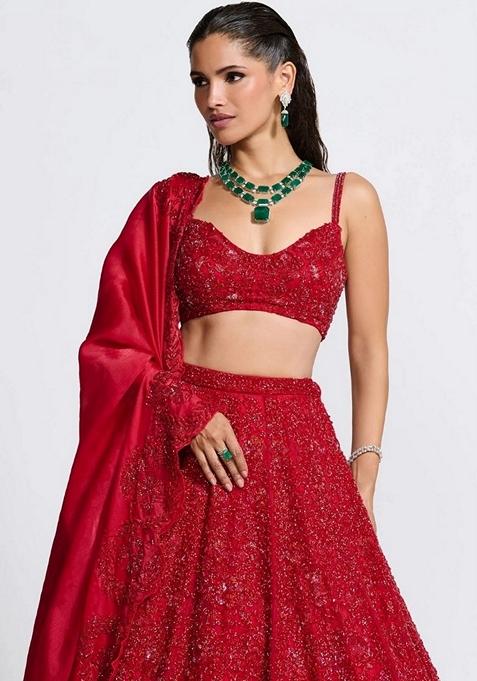 Red Sequin Embroidered Vichitra Silk Lehenga Set