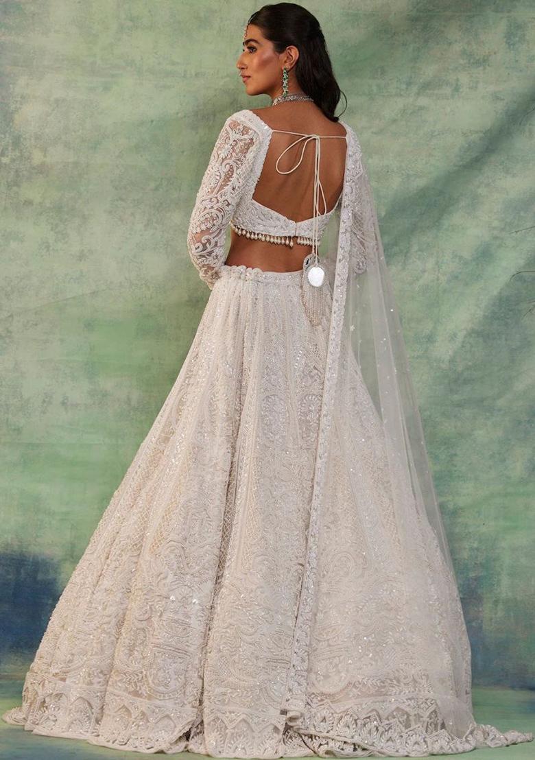 Off White Thread Embroidered Soft Butterfly Net Lehenga Set
