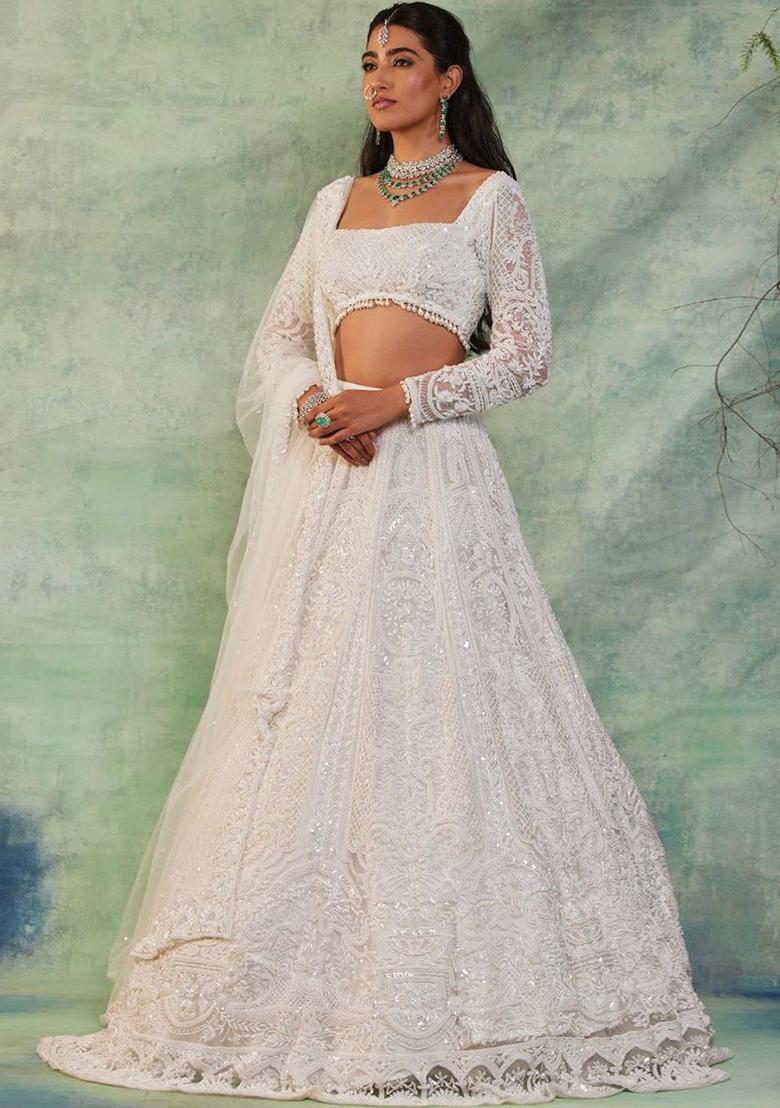 Off White Thread Embroidered Soft Butterfly Net Lehenga Set