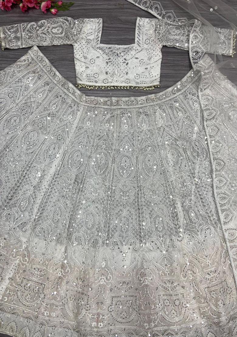 Off White Thread Embroidered Soft Butterfly Net Lehenga Set - Indya
