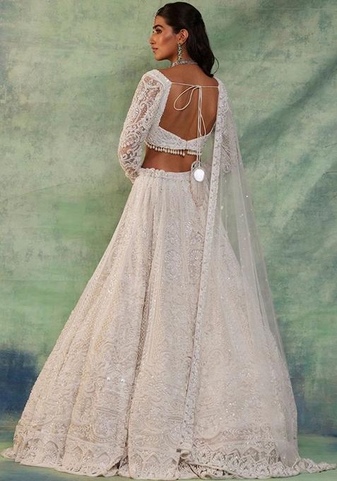Off White Thread Embroidered Soft Butterfly Net Lehenga Set
