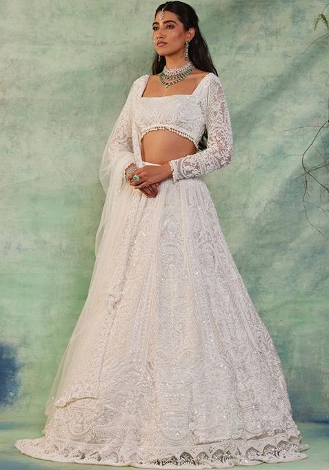 Off White Thread Embroidered Soft Butterfly Net Lehenga Set