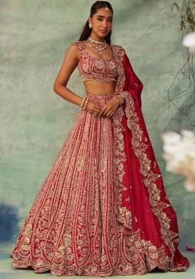Red Thread Embroidered Boomer Silk Lehenga Set