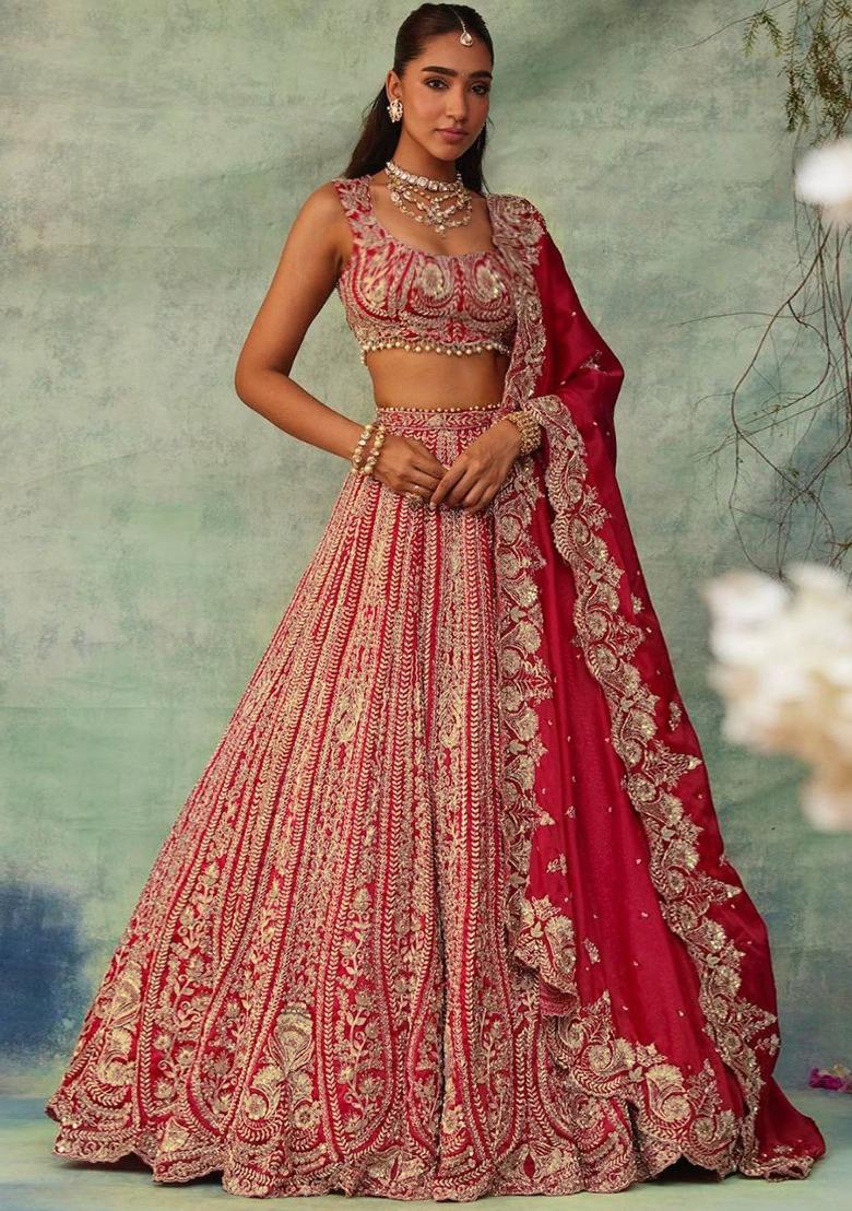 Red Thread Embroidered Boomer Silk Lehenga Set