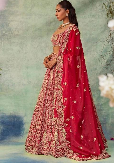 Red Thread Embroidered Boomer Silk Lehenga Set
