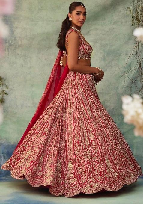 Red Thread Embroidered Boomer Silk Lehenga Set