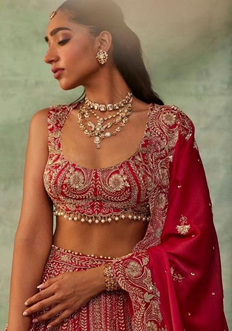 Red Thread Embroidered Boomer Silk Lehenga Set