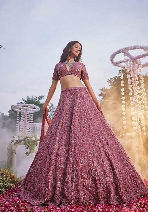 Dusty Pink Sequin Dori Embroidered Chinon Silk Lehenga Set